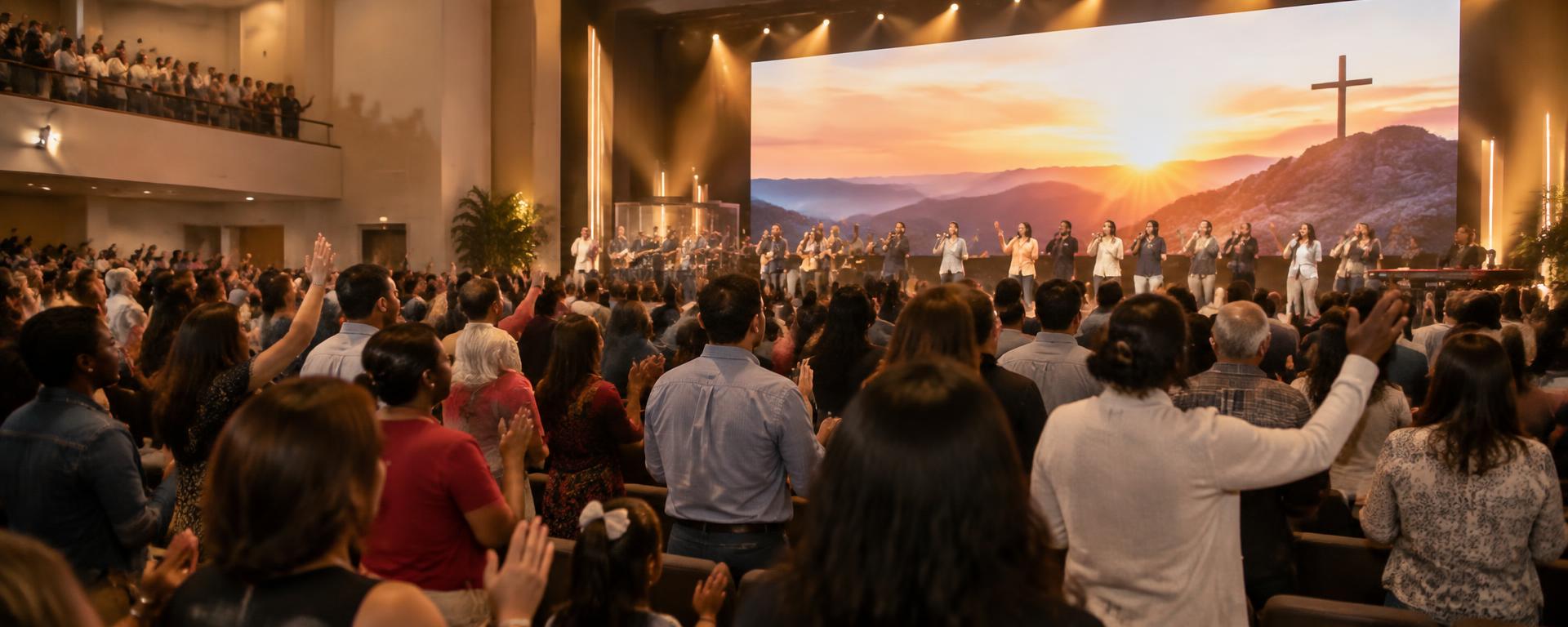 Church congregation worshipping in front of an LED video wall