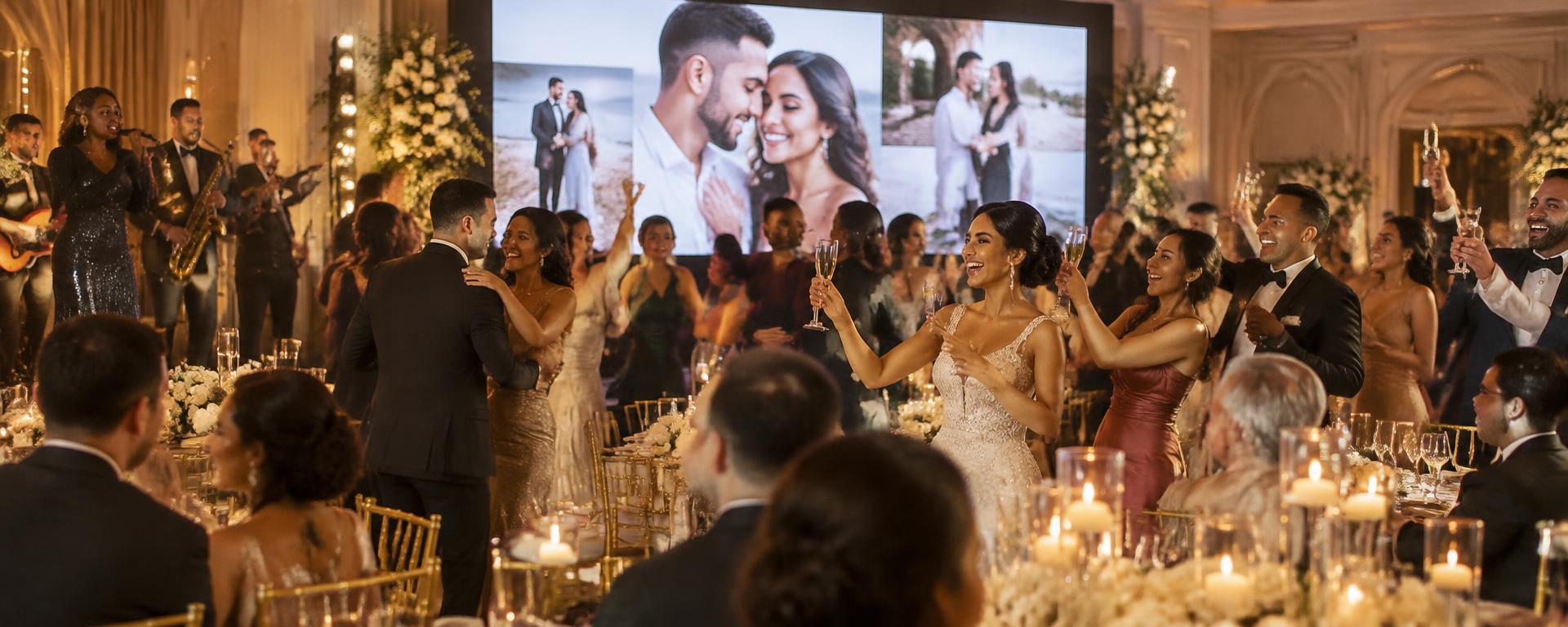 Wedding guests celebrating with a photo slideshow on an LED video wall